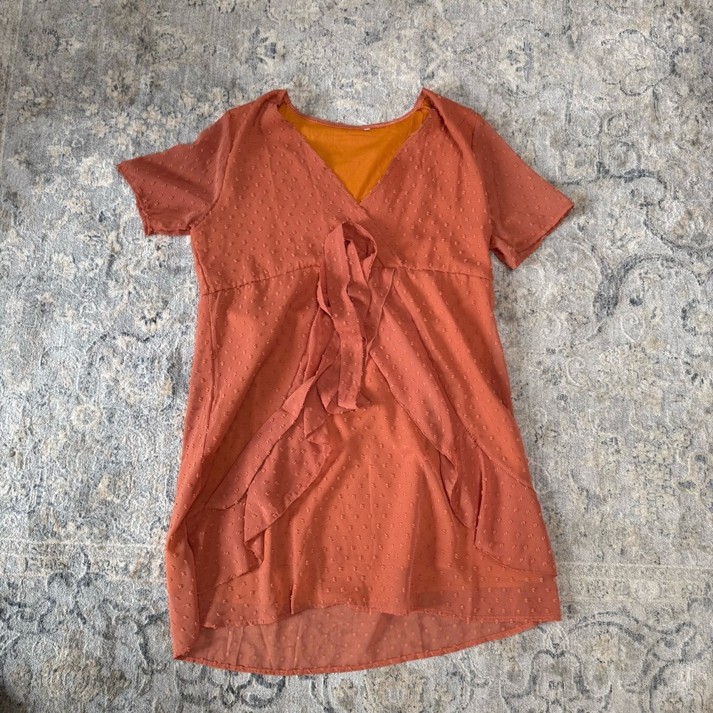 Rust Orange Ruffle V-Neck Short Sleeve Top